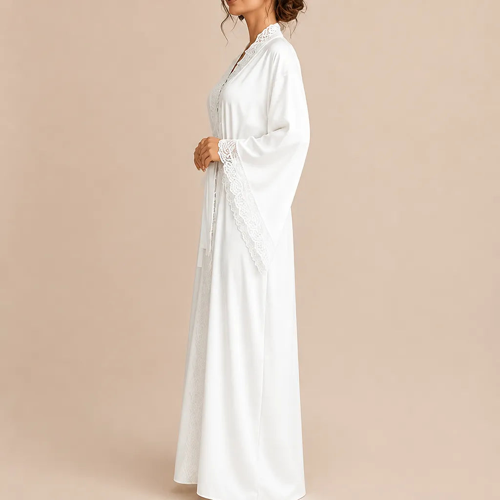La boutique du peignoir Peignoir Femme Luxe - Satin Long à Dentelle, Blanc