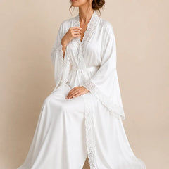 La boutique du peignoir Peignoir Femme Luxe - Satin Long à Dentelle, Blanc