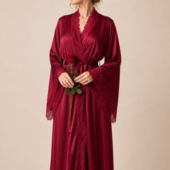 La boutique du peignoir Peignoir Femme Luxe - Satin Long à Dentelle, Bordeaux