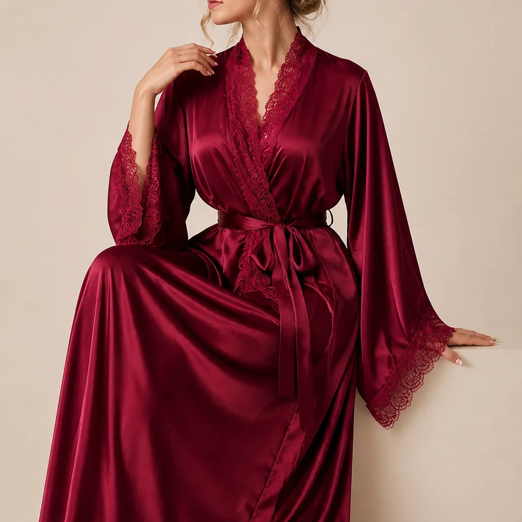 La boutique du peignoir Peignoir Femme Luxe - Satin Long à Dentelle, Bordeaux