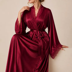 La boutique du peignoir Peignoir Femme Luxe - Satin Long à Dentelle, Bordeaux