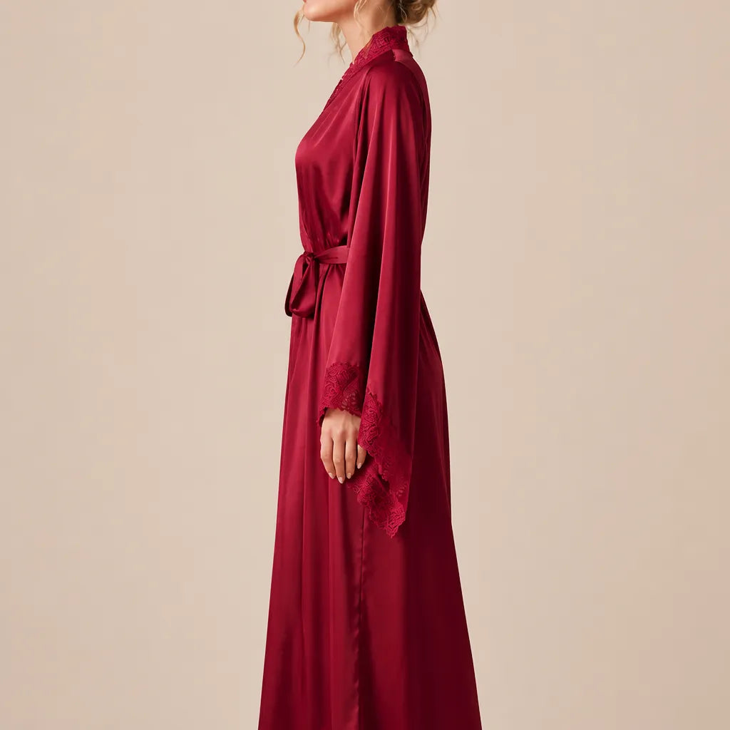 La boutique du peignoir Peignoir Femme Luxe - Satin Long à Dentelle, Bordeaux