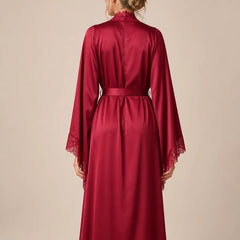 La boutique du peignoir Peignoir Femme Luxe - Satin Long à Dentelle, Bordeaux