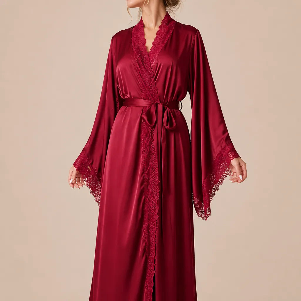 La boutique du peignoir Peignoir Femme Luxe - Satin Long à Dentelle, Bordeaux