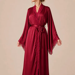 La boutique du peignoir Peignoir Femme Luxe - Satin Long à Dentelle, Bordeaux