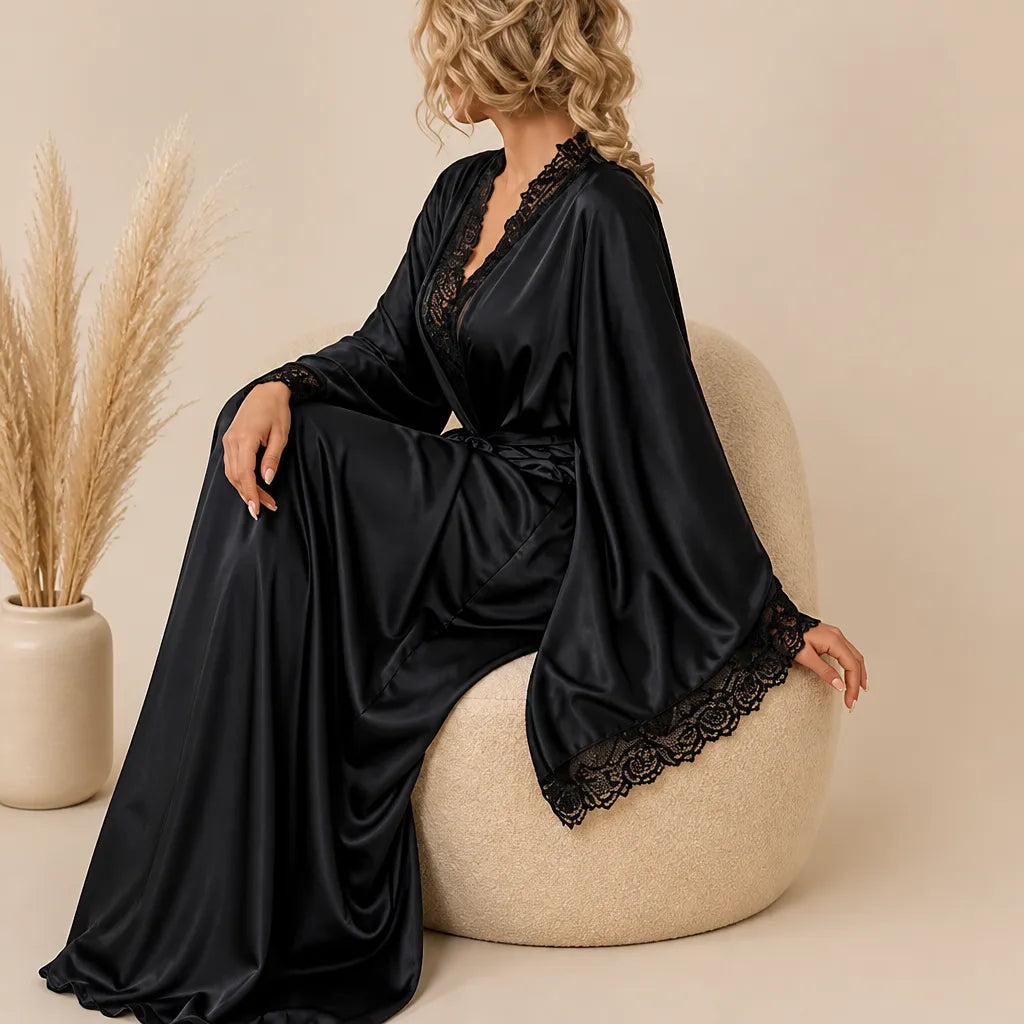 La boutique du peignoir Peignoir Femme Luxe - Satin Long à Dentelle, Noir