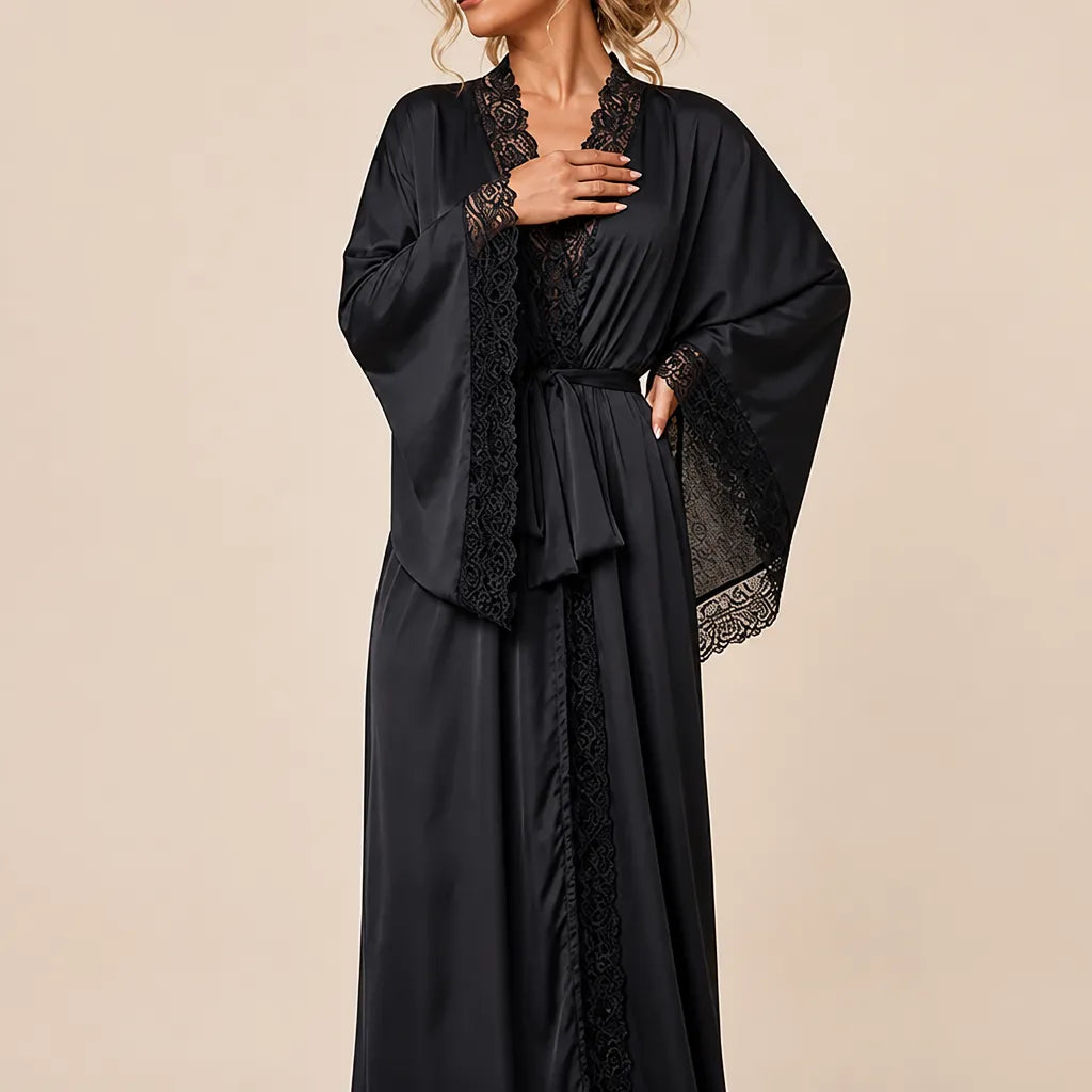 La boutique du peignoir Peignoir Femme Luxe - Satin Long à Dentelle, Noir