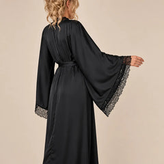 La boutique du peignoir Peignoir Femme Luxe - Satin Long à Dentelle, Noir