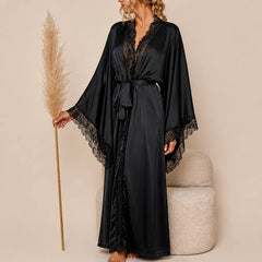 La boutique du peignoir Peignoir Femme Luxe - Satin Long à Dentelle, Noir