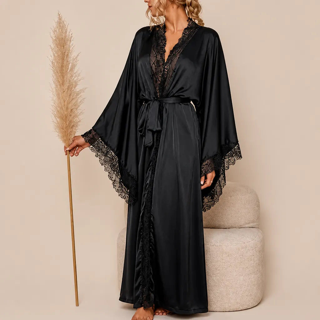 La boutique du peignoir Peignoir Femme Luxe - Satin Long à Dentelle, Noir