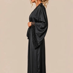 La boutique du peignoir Peignoir Femme Luxe - Satin Long à Dentelle, Noir