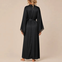 La boutique du peignoir Peignoir Femme Luxe - Satin Long à Dentelle, Noir