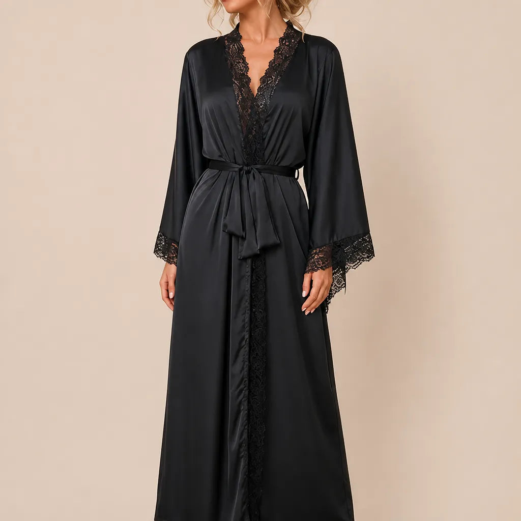 La boutique du peignoir Peignoir Femme Luxe - Satin Long à Dentelle, Noir