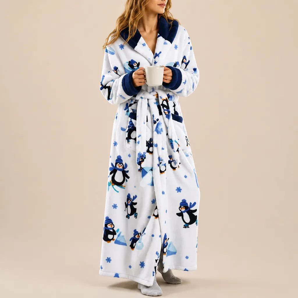 La boutique du peignoir Peignoir Femme Polaire - Long à Capuche, Blanc à Pingouins