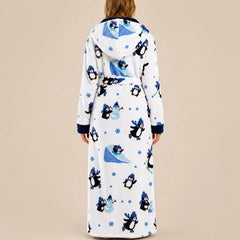 La boutique du peignoir Peignoir Femme Polaire - Long à Capuche, Blanc à Pingouins