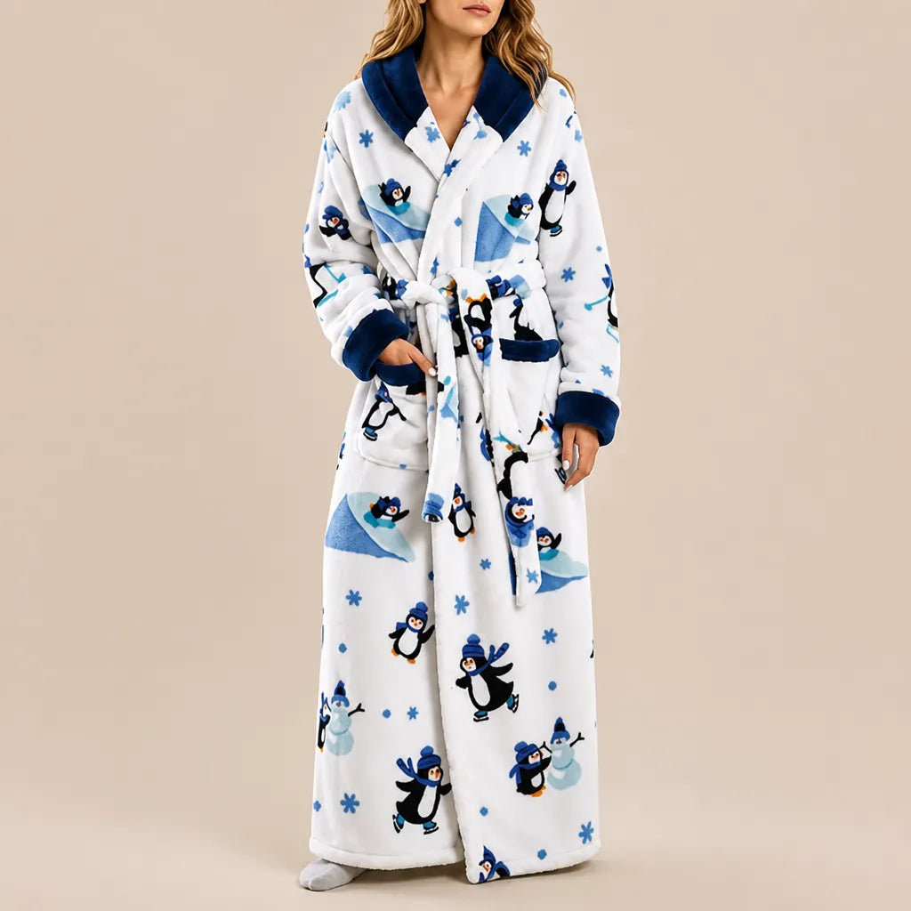 La boutique du peignoir Peignoir Femme Polaire - Long à Capuche, Blanc à Pingouins