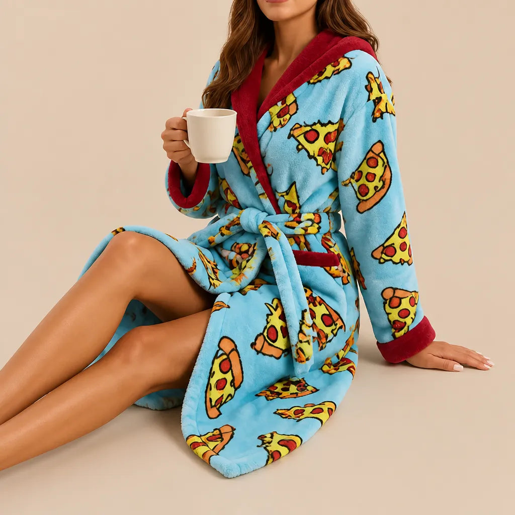 La boutique du peignoir Peignoir Femme Polaire - Long à Capuche, Bleu Ciel à Pizzas