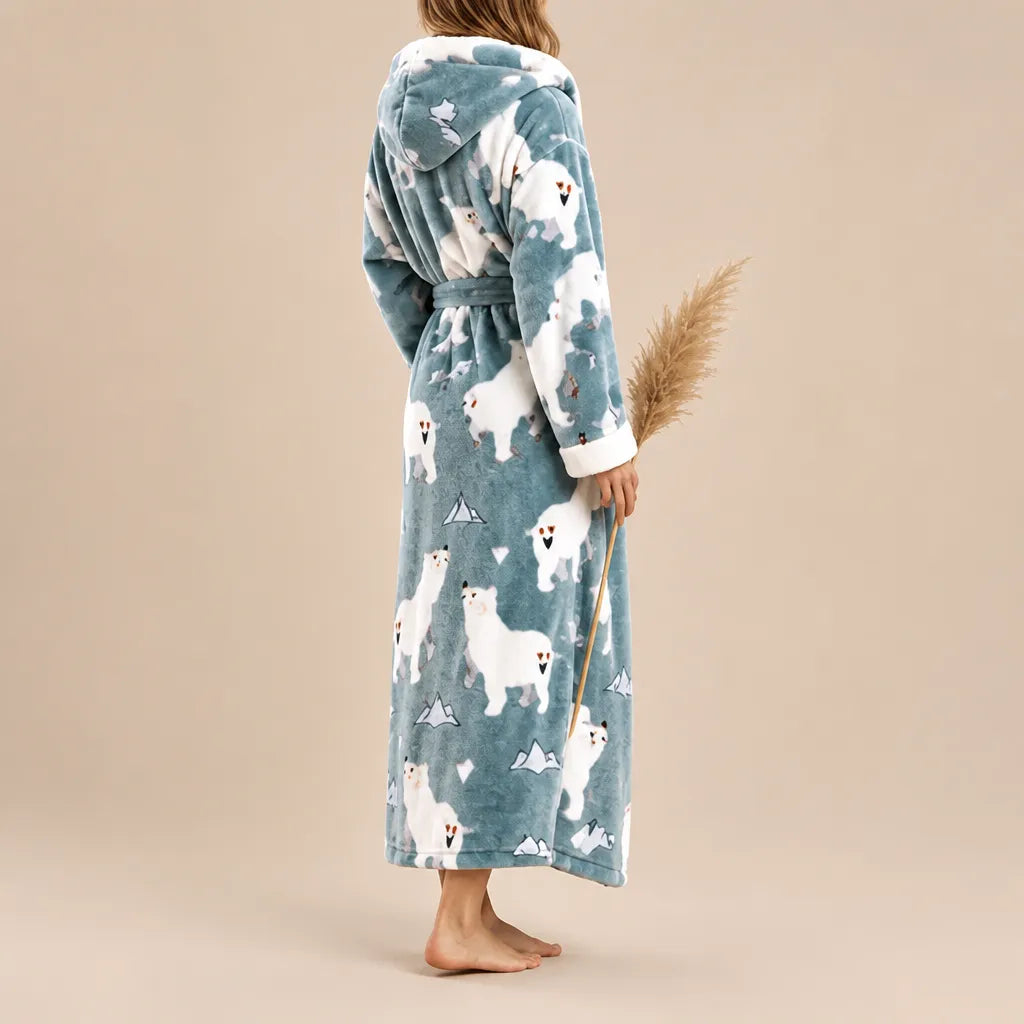 La boutique du peignoir Peignoir Femme Polaire - Long à Capuche, Bleu Gris à Ours Polaires
