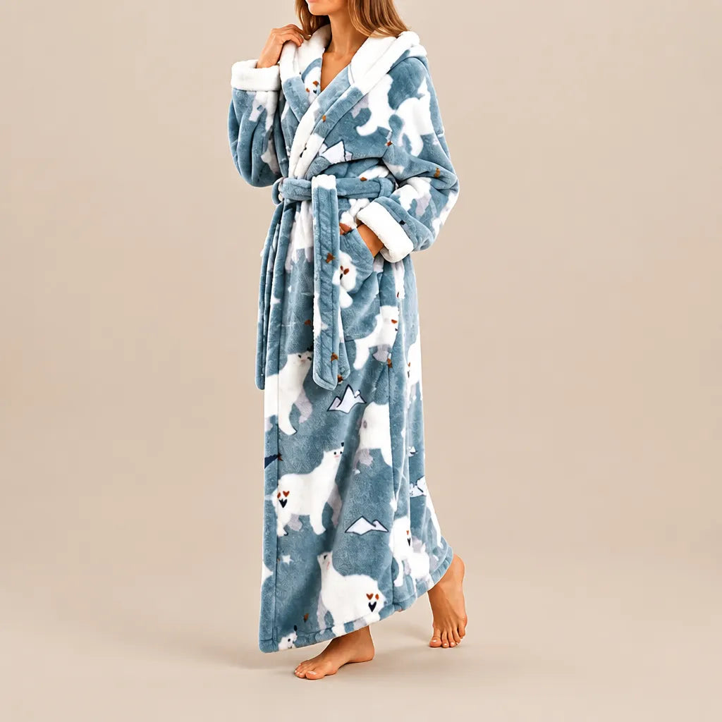 La boutique du peignoir Peignoir Femme Polaire - Long à Capuche, Bleu Gris à Ours Polaires