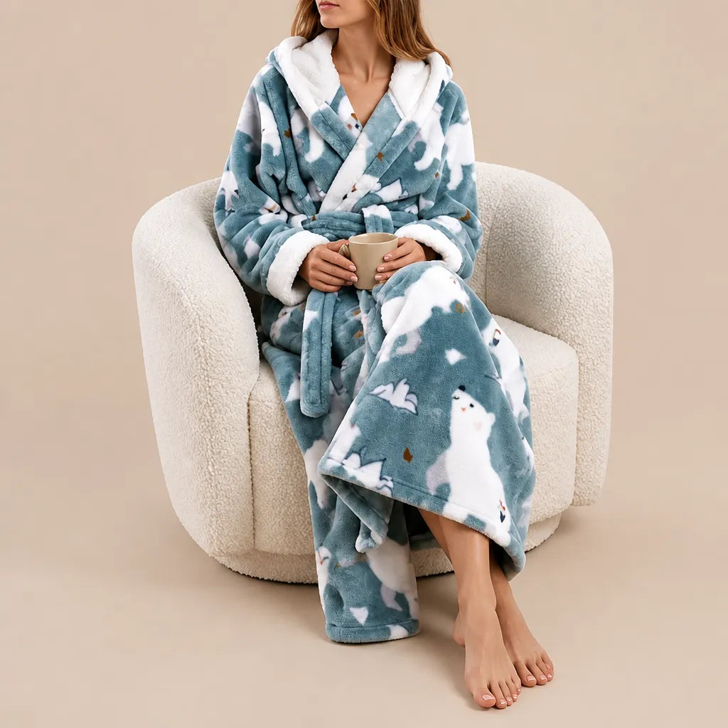 La boutique du peignoir Peignoir Femme Polaire - Long à Capuche, Bleu Gris à Ours Polaires