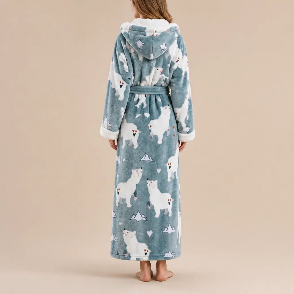 La boutique du peignoir Peignoir Femme Polaire - Long à Capuche, Bleu Gris à Ours Polaires