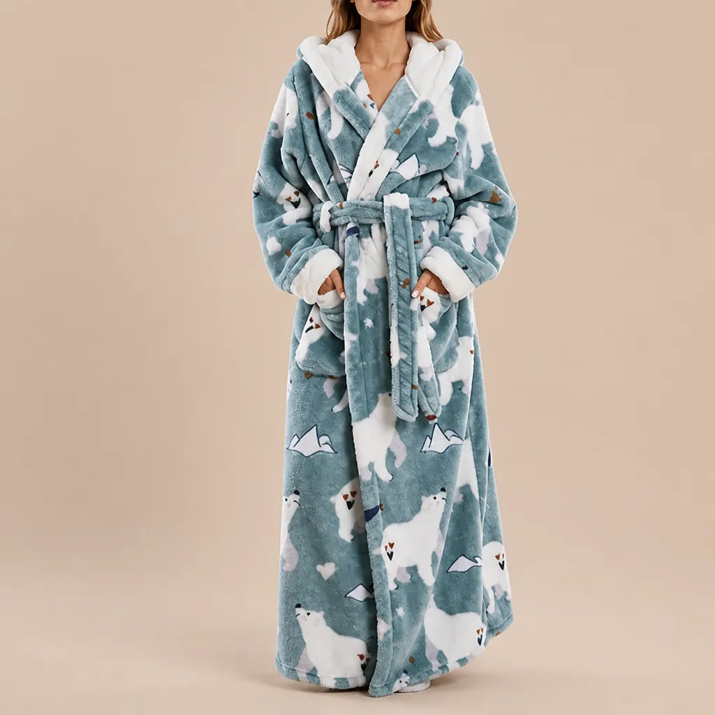 La boutique du peignoir Peignoir Femme Polaire - Long à Capuche, Bleu Gris à Ours Polaires