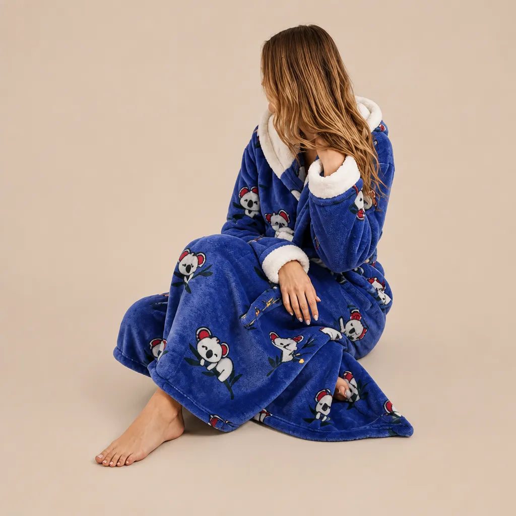 La boutique du peignoir Peignoir Femme Polaire - Long à Capuche, Bleu Roi à Koalas
