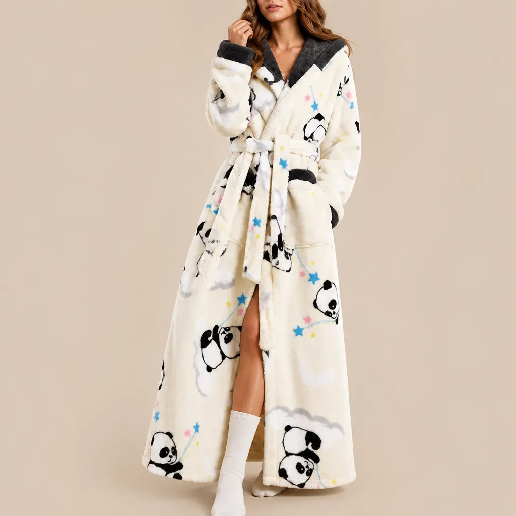 La boutique du peignoir Peignoir Femme Polaire - Long à Capuche, Écru à Pandas