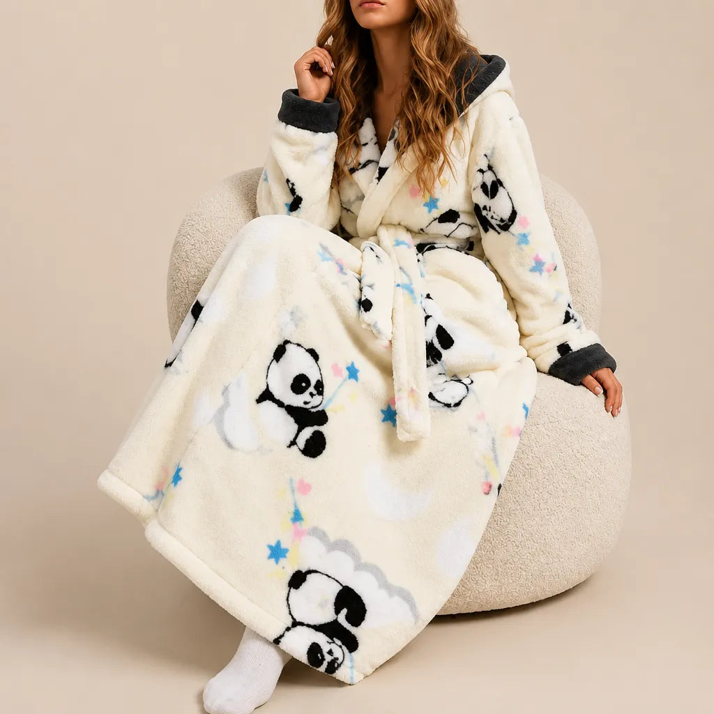 La boutique du peignoir Peignoir Femme Polaire - Long à Capuche, Écru à Pandas
