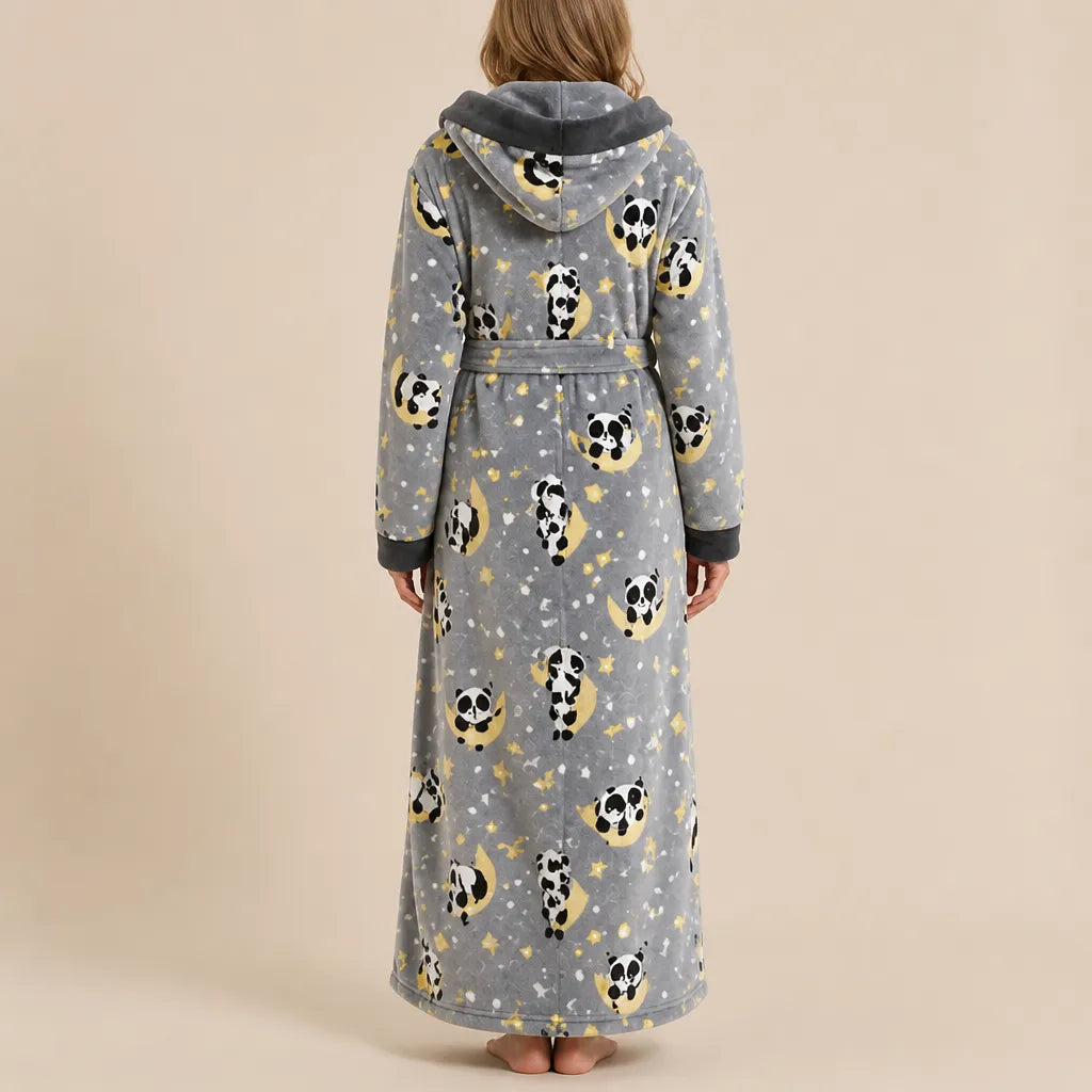 La boutique du peignoir Peignoir Femme Polaire - Long à Capuche, Gris Lune et Pandas