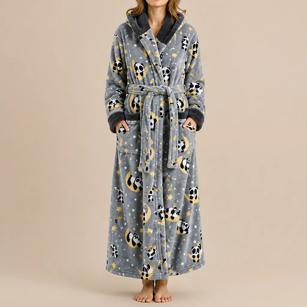 La boutique du peignoir Peignoir Femme Polaire - Long à Capuche, Gris Lune et Pandas