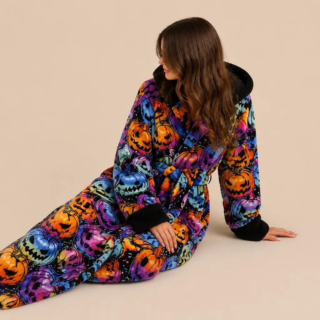 La boutique du peignoir Peignoir Femme Polaire - Long à Capuche, Noir à Citrouilles