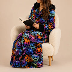 La boutique du peignoir Peignoir Femme Polaire - Long à Capuche, Noir à Citrouilles