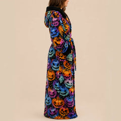 La boutique du peignoir Peignoir Femme Polaire - Long à Capuche, Noir à Citrouilles