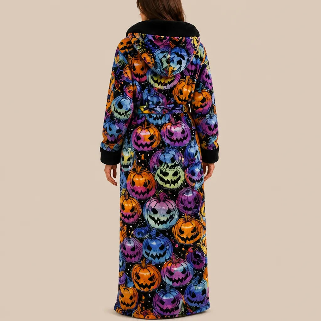 La boutique du peignoir Peignoir Femme Polaire - Long à Capuche, Noir à Citrouilles