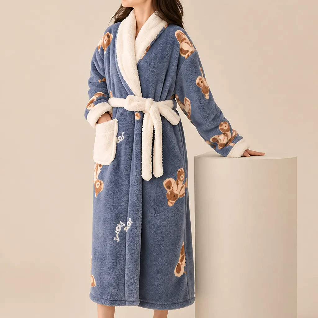 La boutique du peignoir Peignoir Femme Polaire - Long à Col Blanc, Bleu Gris à Oursons