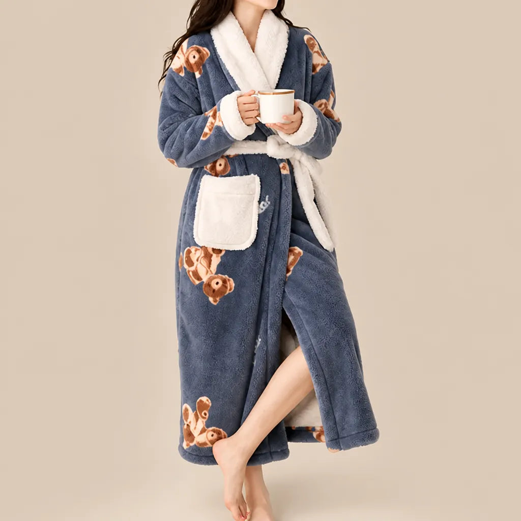 La boutique du peignoir Peignoir Femme Polaire - Long à Col Blanc, Bleu Gris à Oursons
