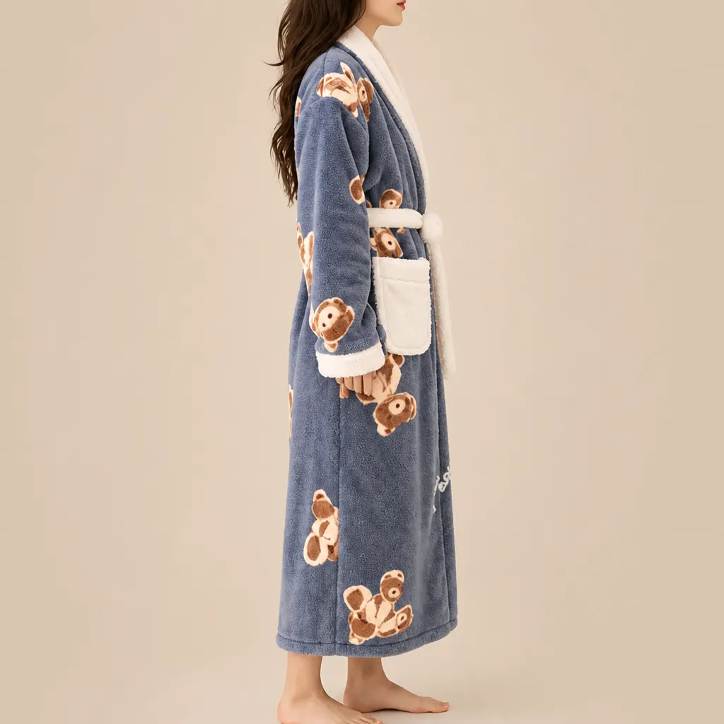La boutique du peignoir Peignoir Femme Polaire - Long à Col Blanc, Bleu Gris à Oursons