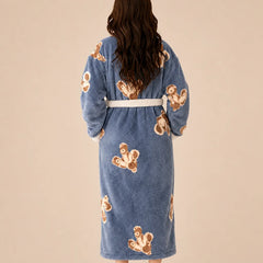 La boutique du peignoir Peignoir Femme Polaire - Long à Col Blanc, Bleu Gris à Oursons