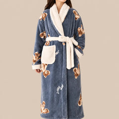 La boutique du peignoir Peignoir Femme Polaire - Long à Col Blanc, Bleu Gris à Oursons