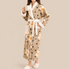 La boutique du peignoir Peignoir Femme Polaire - Long à Col Blanc, Camel à Pois et Fleurs