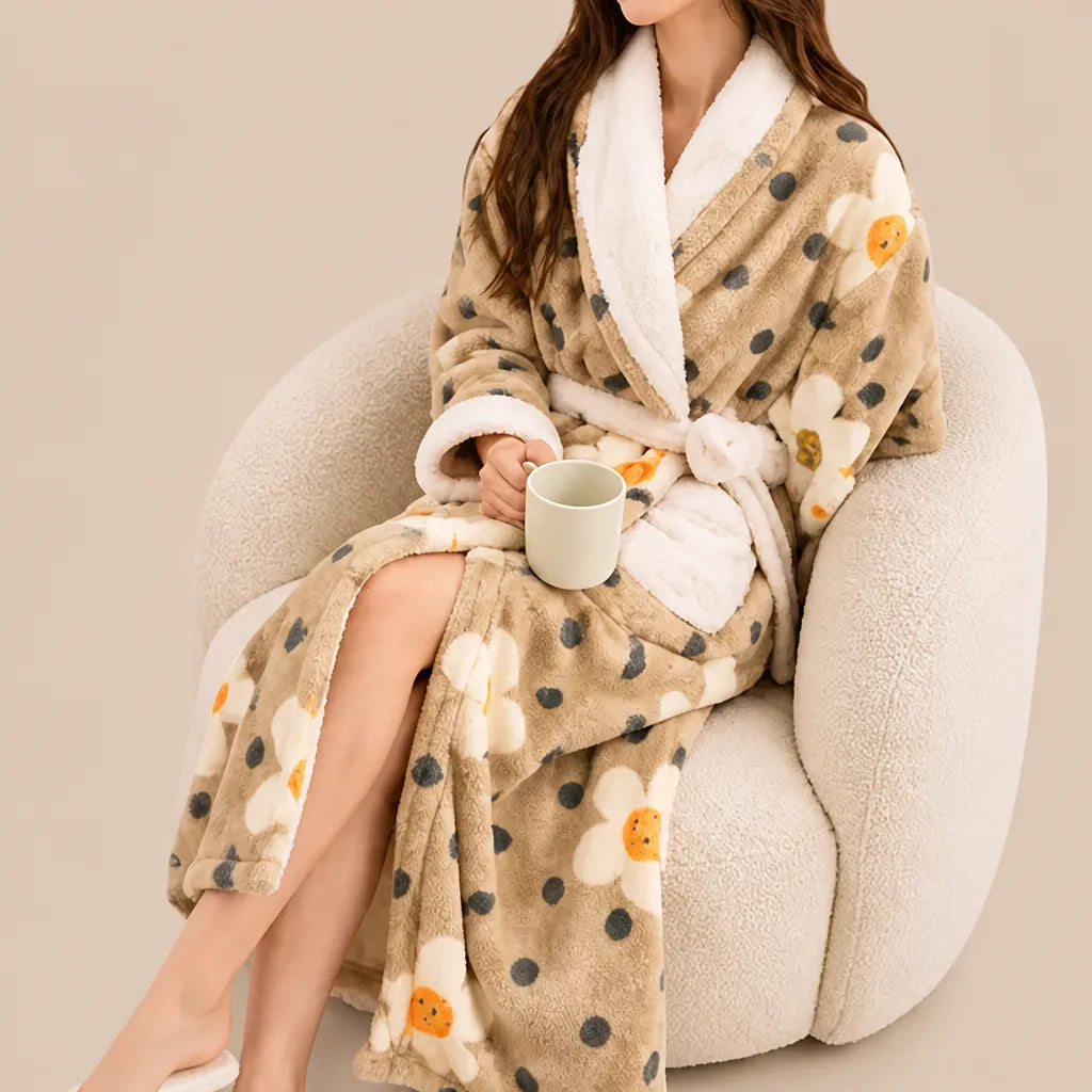 La boutique du peignoir Peignoir Femme Polaire - Long à Col Blanc, Camel à Pois et Fleurs