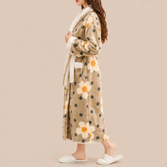 La boutique du peignoir Peignoir Femme Polaire - Long à Col Blanc, Camel à Pois et Fleurs