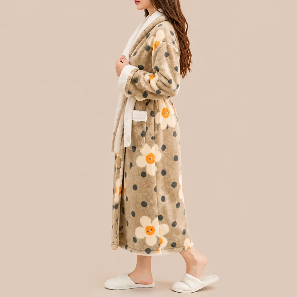La boutique du peignoir Peignoir Femme Polaire - Long à Col Blanc, Camel à Pois et Fleurs