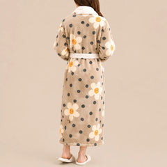 La boutique du peignoir Peignoir Femme Polaire - Long à Col Blanc, Camel à Pois et Fleurs