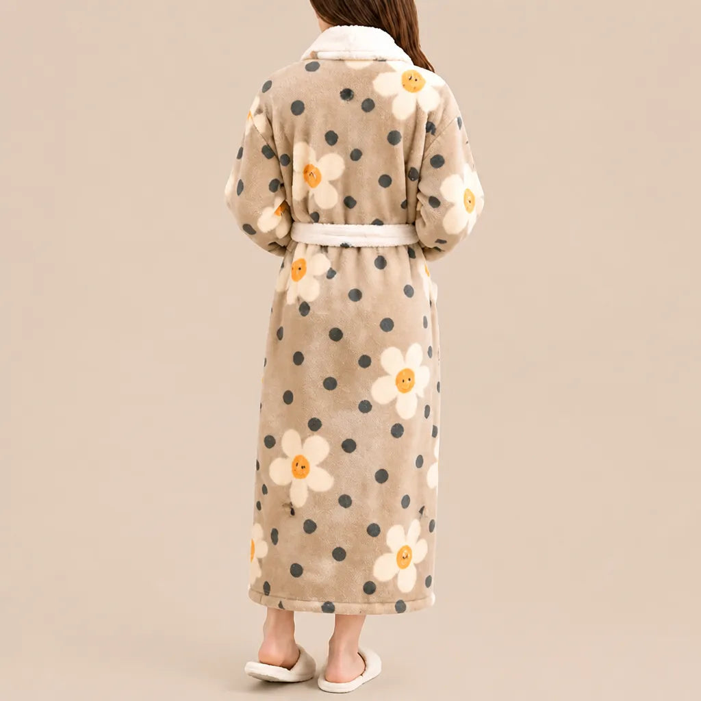 La boutique du peignoir Peignoir Femme Polaire - Long à Col Blanc, Camel à Pois et Fleurs