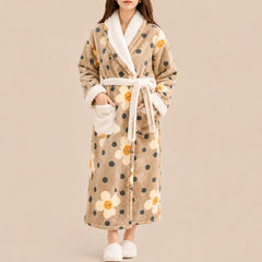 La boutique du peignoir Peignoir Femme Polaire - Long à Col Blanc, Camel à Pois et Fleurs