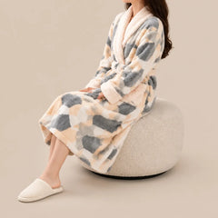 La boutique du peignoir Peignoir Femme Polaire - Long à Col Blanc, Écru à Fleurs Grises
