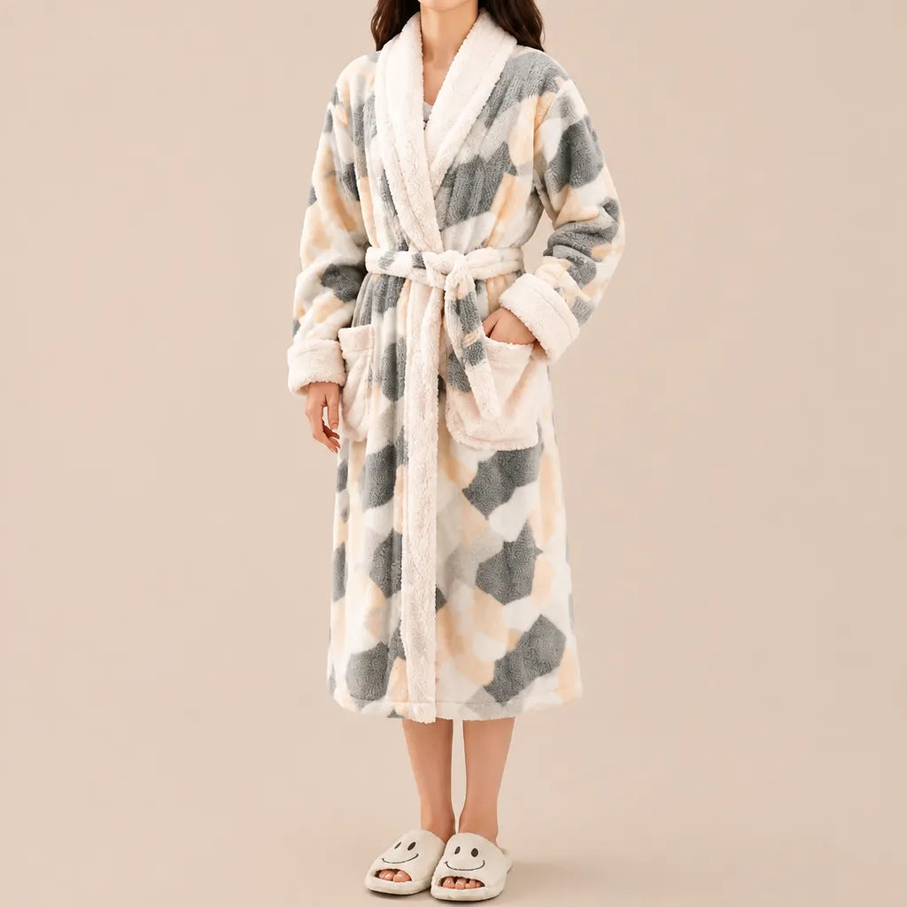 La boutique du peignoir Peignoir Femme Polaire - Long à Col Blanc, Écru à Fleurs Grises