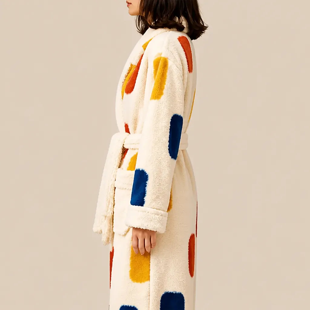 La boutique du peignoir Peignoir Femme Polaire - Long à Col Blanc, Écru à Taches Multicolores